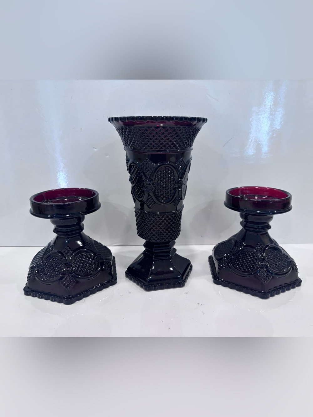 Vintage AVON Cap Cod Ruby Red Vase And 2 Candle Holders (Total 3 Piece Set)